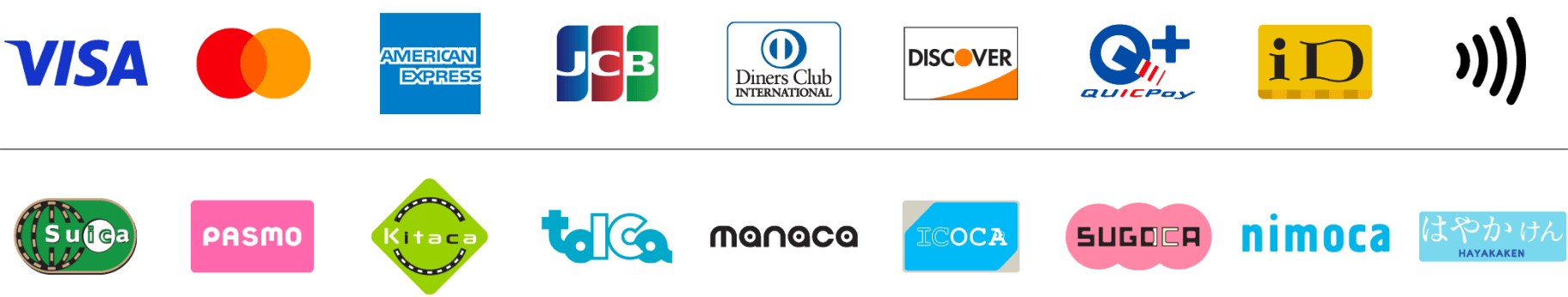 VISA,MASTER,AMRICAN EXPRESS,JCB,QUICPay,iD,Suica,PASMOなどがご利用可能です